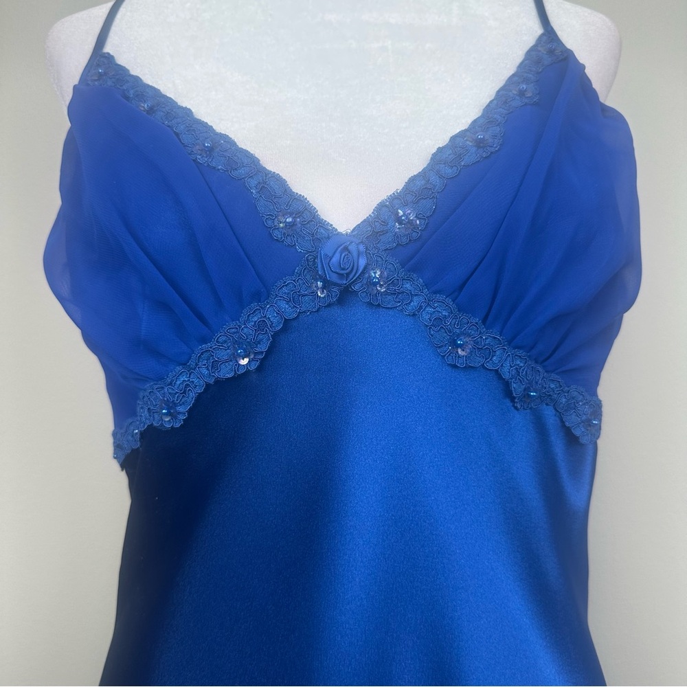 VTG INNER MOST Royal Blue Maxi Satin Retro Sexy Lace Slip Vintage Dress Lingerie - Picture 2 of 12